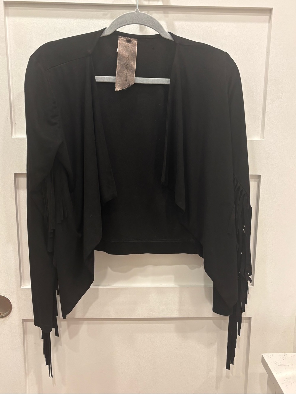 Moon Collection Black Draped Fringe Faux Suede Open Front Cardigan / Jacket - Picture 4 of 7